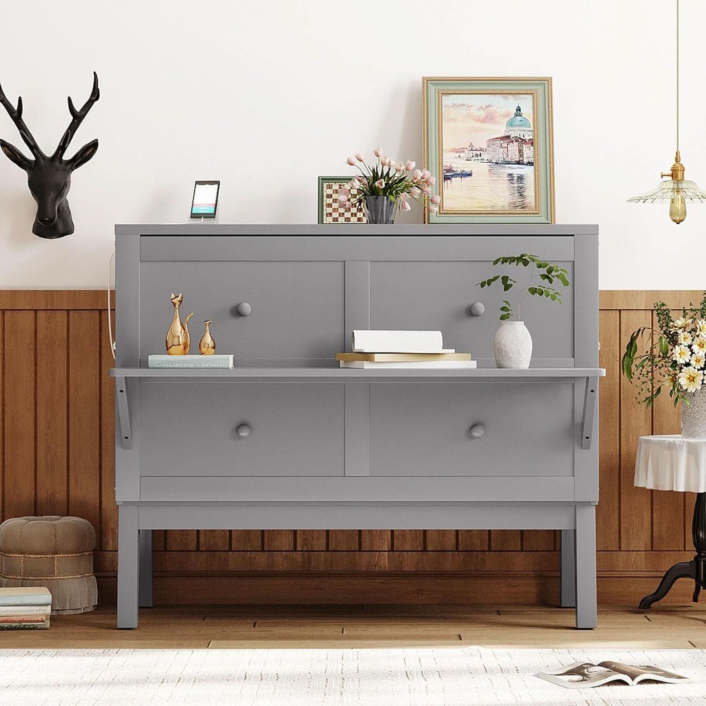 Gray Full Size Murphy Bed With Foldable Integrated USB Port Shelves-3