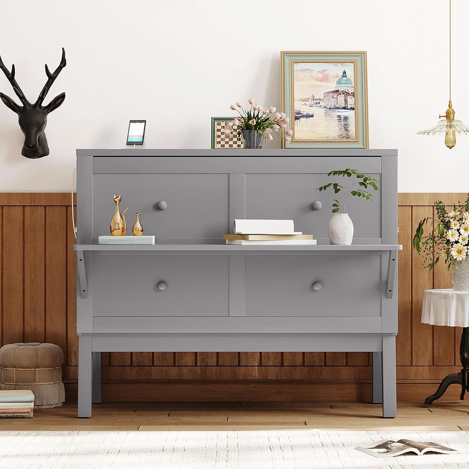 Gray Full Size Murphy Bed With Foldable Integrated USB Port Shelves-3