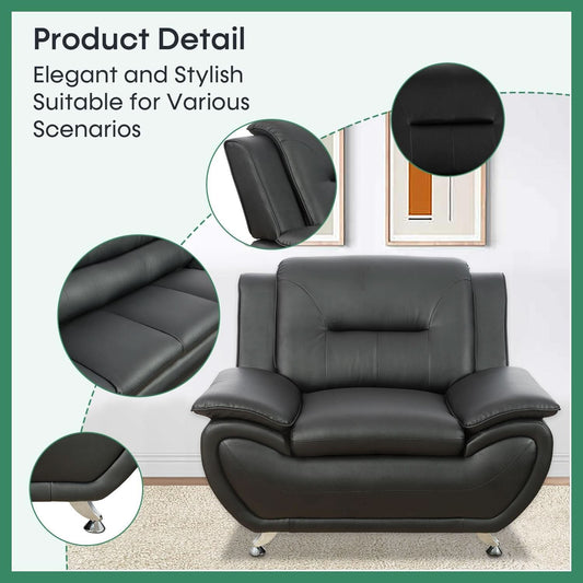 Leather Sofa Set 3 Piece Black Living Room Furniture