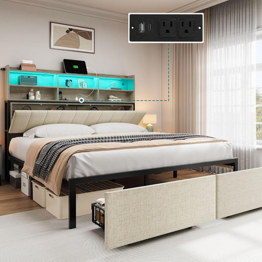 Queen Bed Frame With Two Tier Storage Cabinets Beige-0