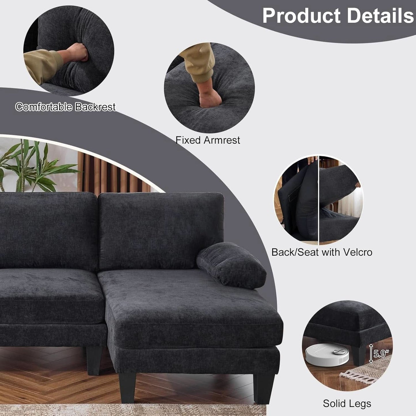U Shape Sectional Sofa 111 Inch Black Living Room Setup-4