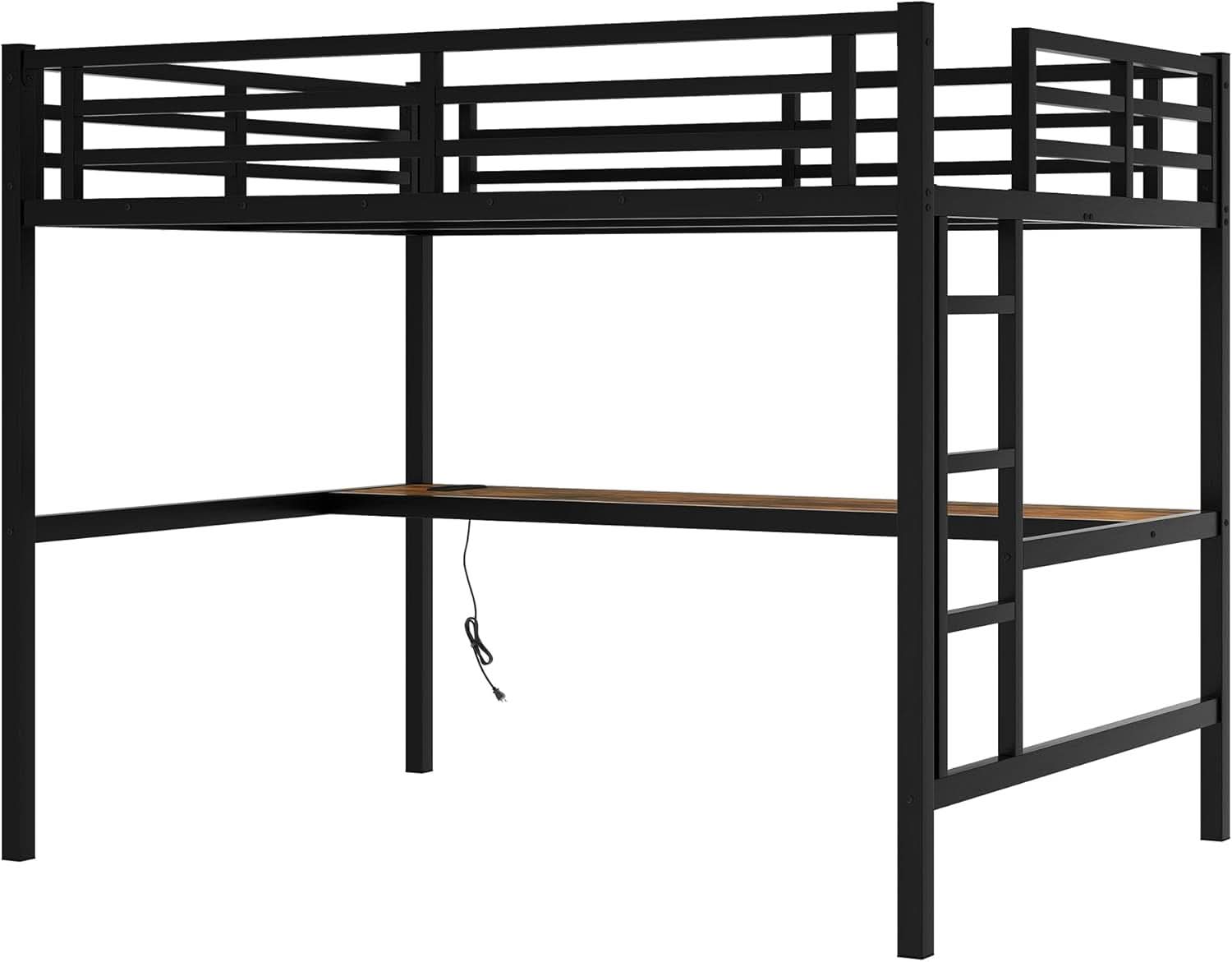 Full Size Metal Loft Bed Desk With Integrated USB Charging Black-4