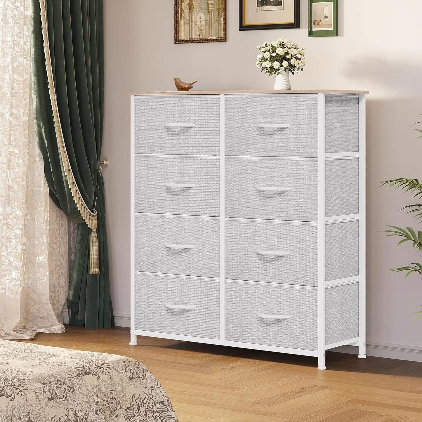 Bedroom Tall Linen Textured Fabric Dresser Drawers-1