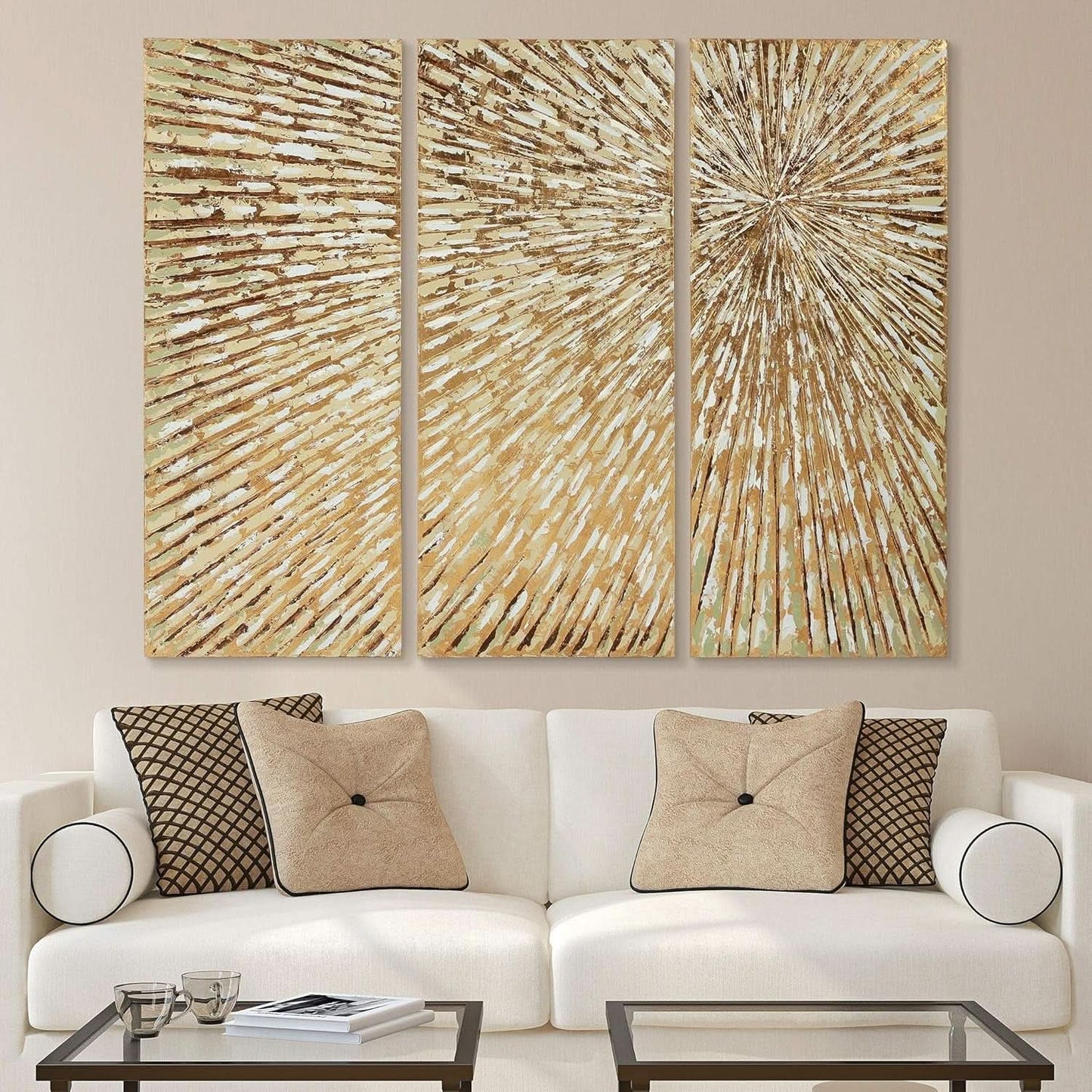 Goldleaf Textured Hand Painted Canvas Art Triptych-3