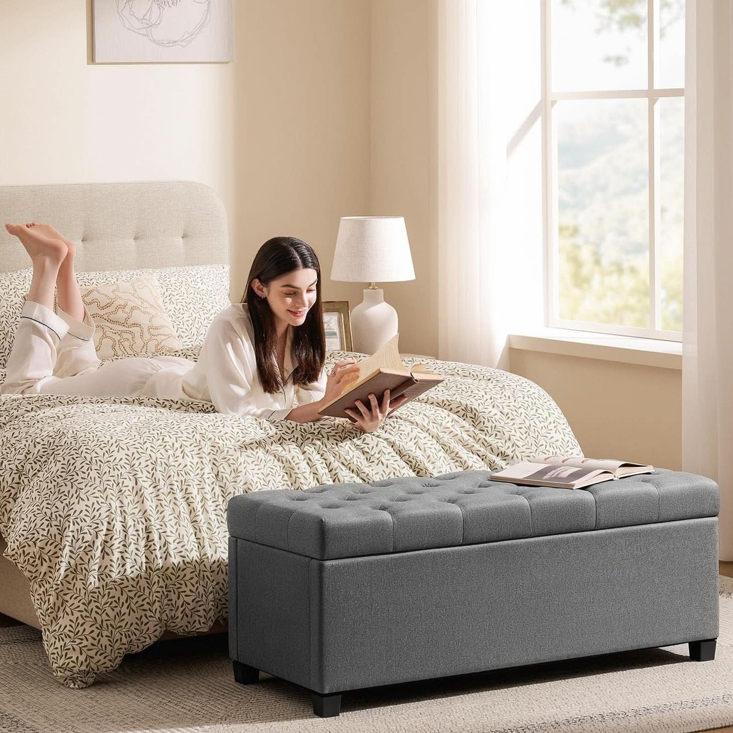 47.2 Inch Storage Ottoman Bench Light Grey Upgraded-2