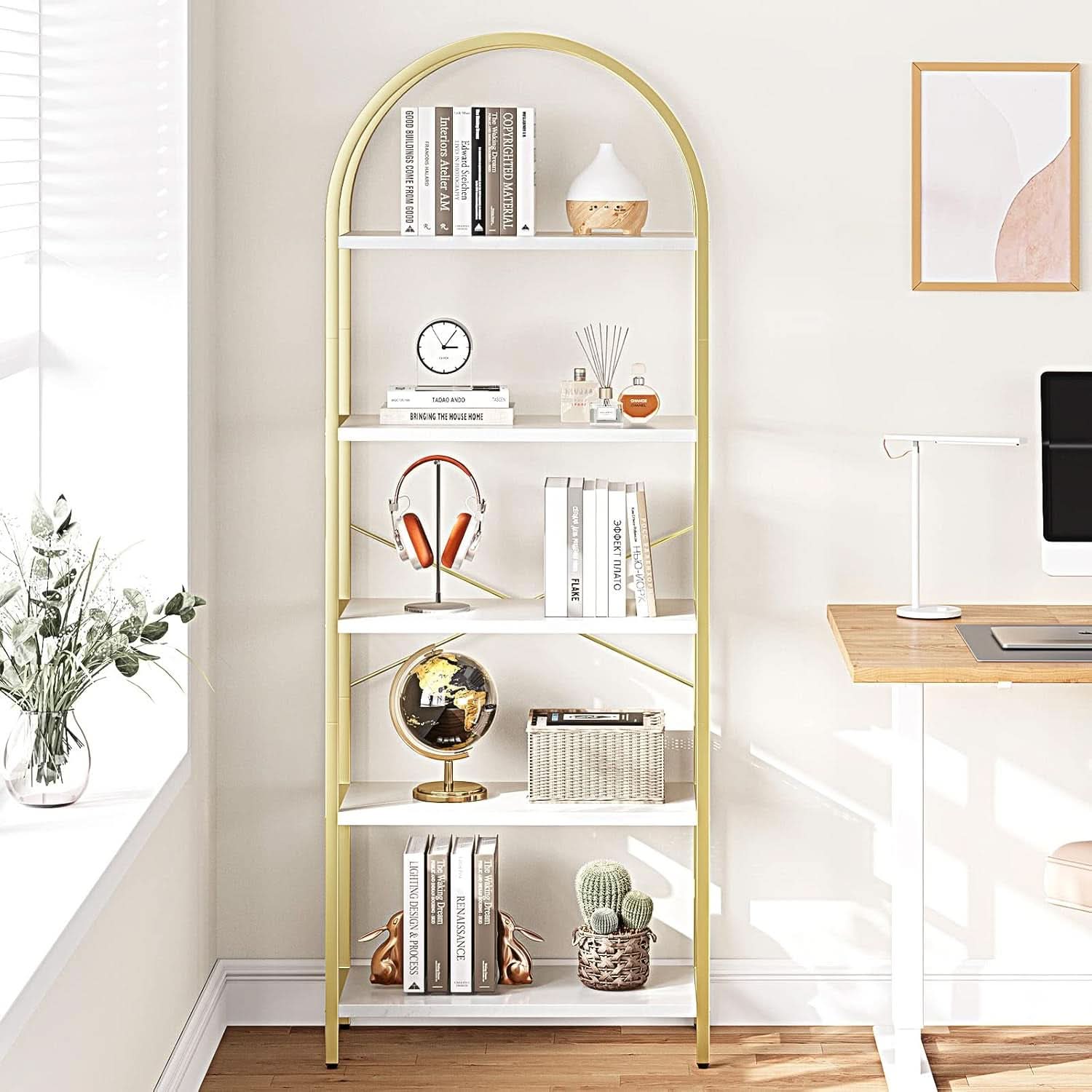 5 Tier Bookshelf Arched Display White Gold Metal Frame Bookcase-2