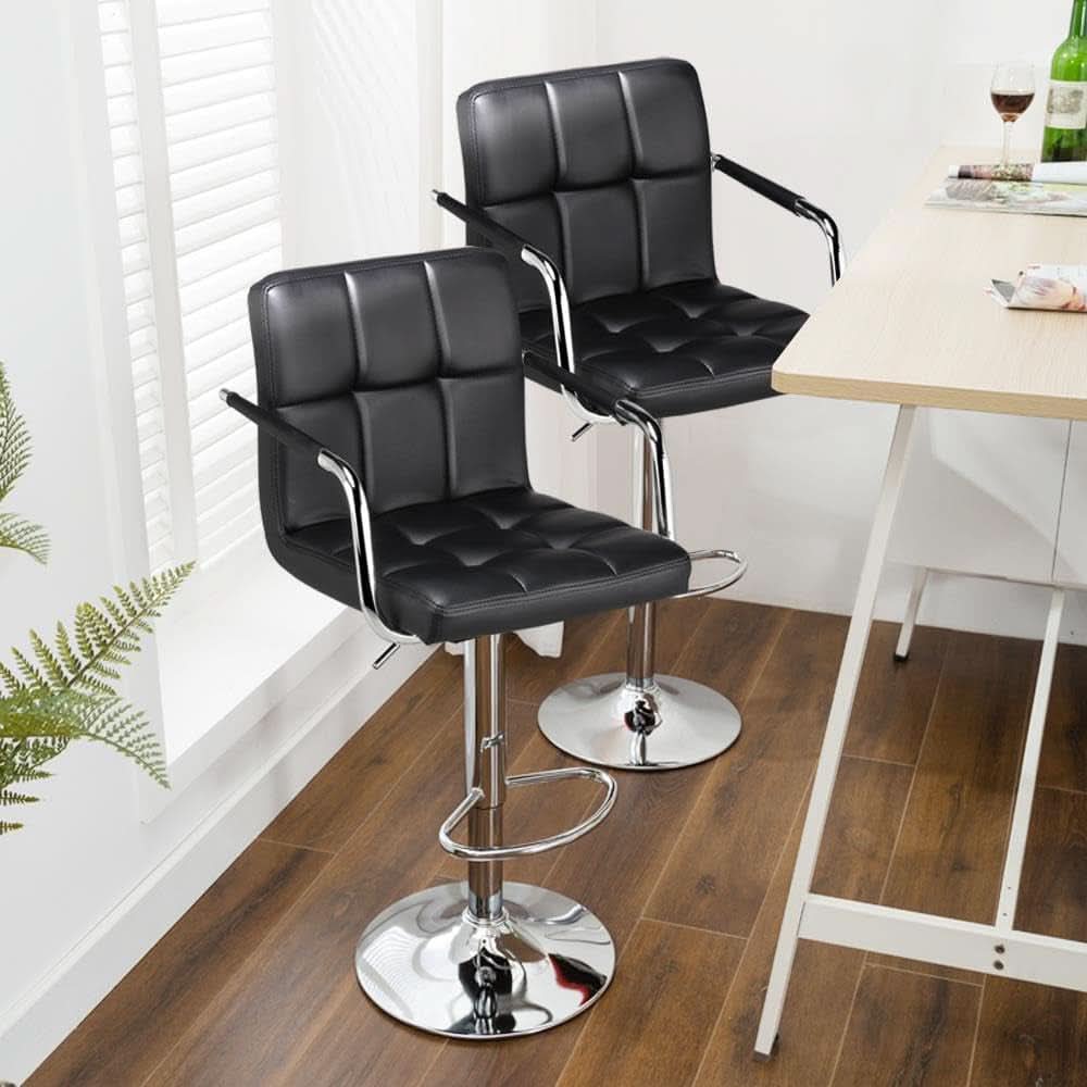 Bar Stools Set Of 2 Adjustable PU Leather Black Swivel-1