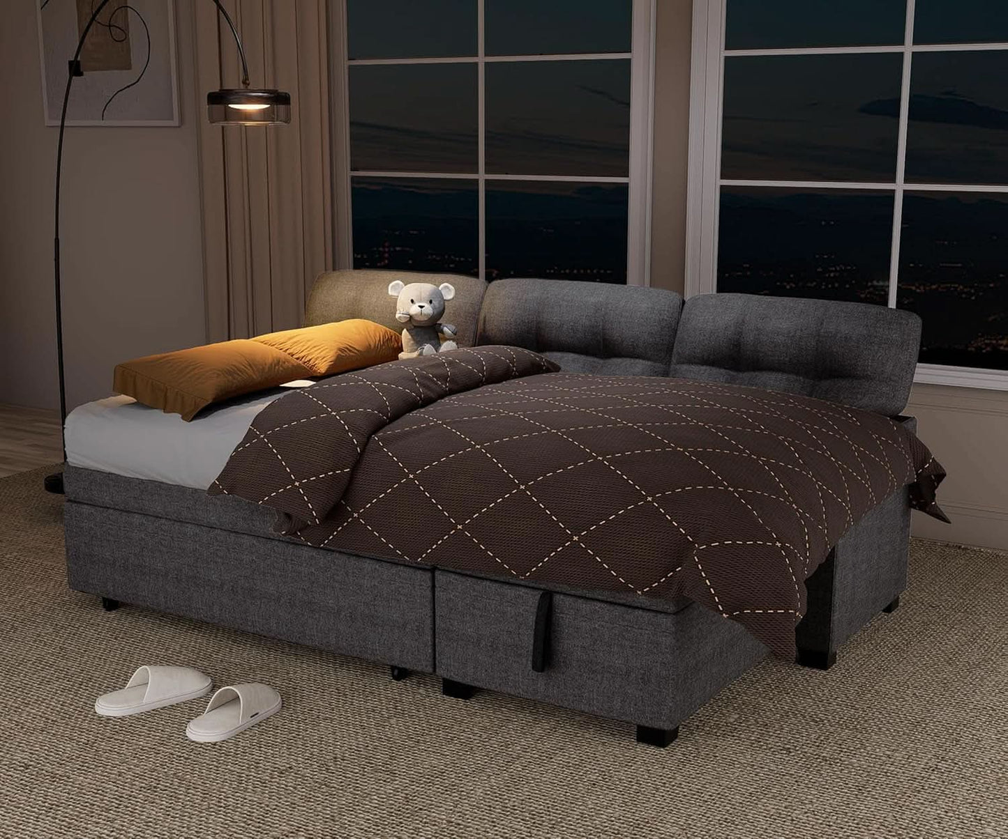 Reversible Sectional Sofa Couch, Sleeper Sofa Bed with Storage Chaise Pull Out Couch for Living Room | Hidden Stroge | Pull Out Bed | Removable Backrest | Linen Fabric, Light Grey-2
