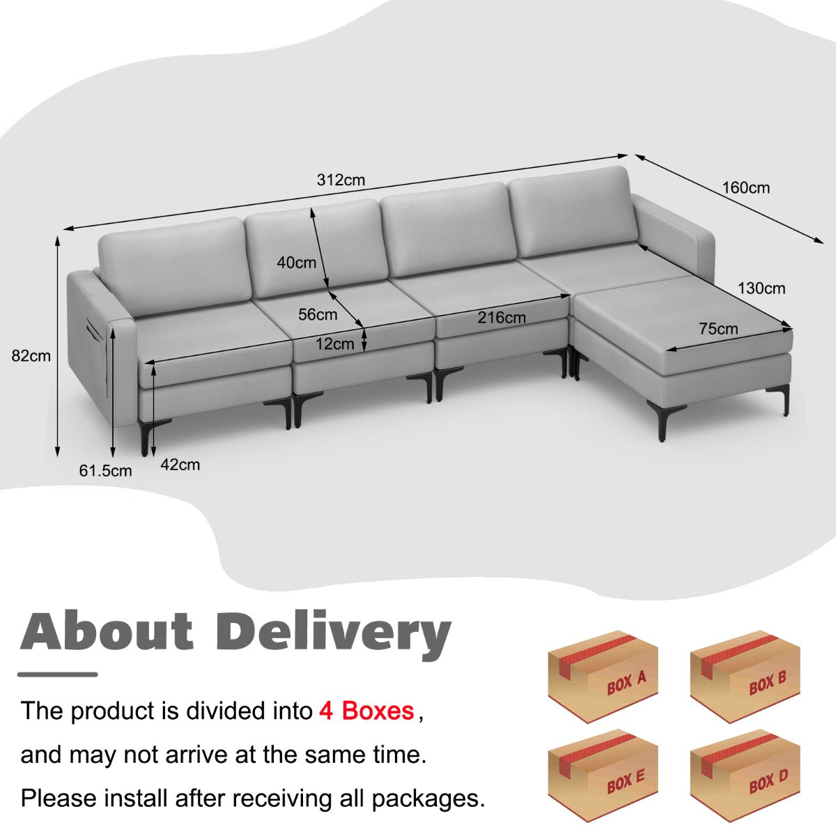 NNECW Sectional Sofa Couch with Reversible Ottoman for Living Room-3