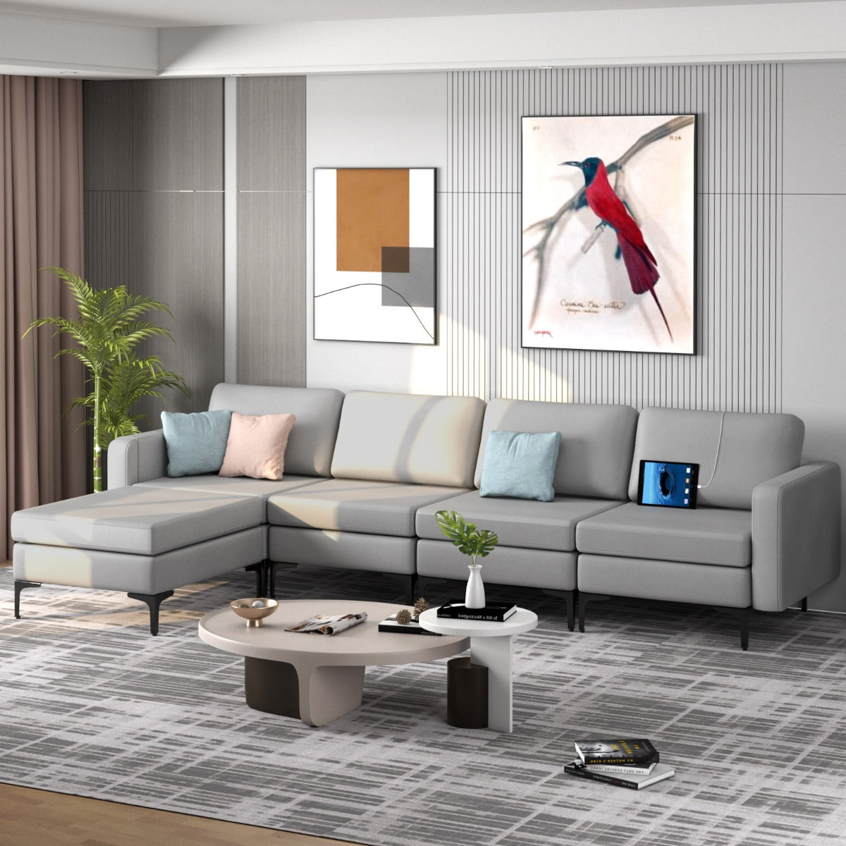 NNECW Sectional Sofa Couch with Reversible Ottoman for Living Room-0