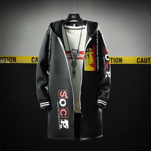 The North Fashion Long Coat Autumn Zipper Windproof Slim Windbreaker Mens Large Size Hip Hop Jackets Clothes Face-6