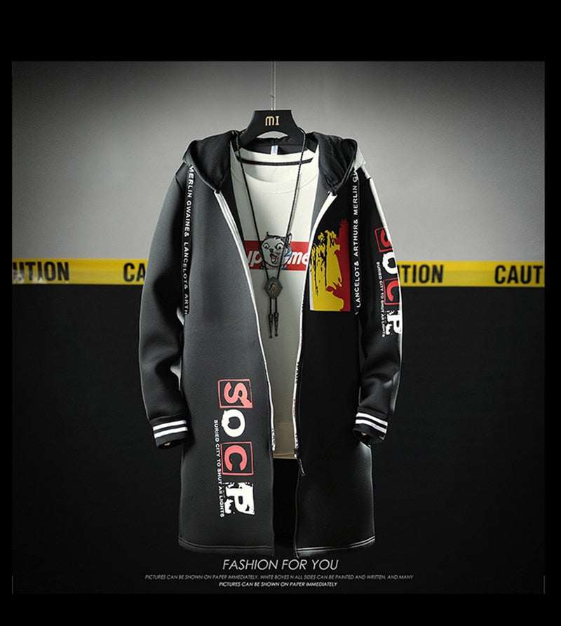 The North Fashion Long Coat Autumn Zipper Windproof Slim Windbreaker Mens Large Size Hip Hop Jackets Clothes Face-2
