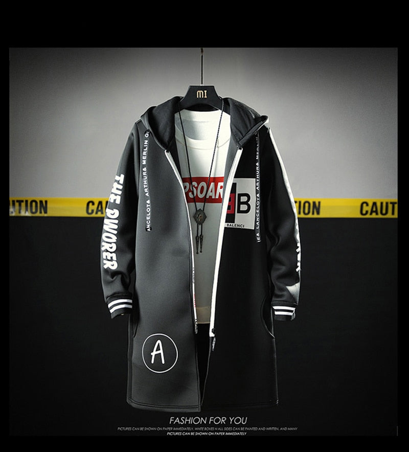 The North Fashion Long Coat Autumn Zipper Windproof Slim Windbreaker Mens Large Size Hip Hop Jackets Clothes Face-4
