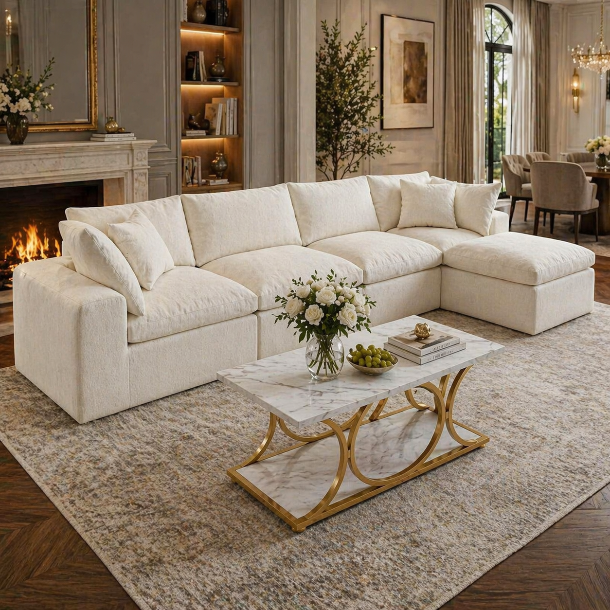 130" L-Shaped Cloud Sectional Sofa with Faux Marble Coffee Table 2-Piece Living Room Bundle White/Gold-2