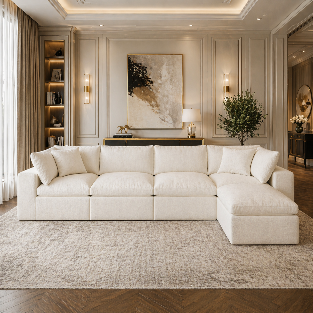 130" L-Shaped Cloud Sectional Sofa with Faux Marble Coffee Table 2-Piece Living Room Bundle White/Gold-3