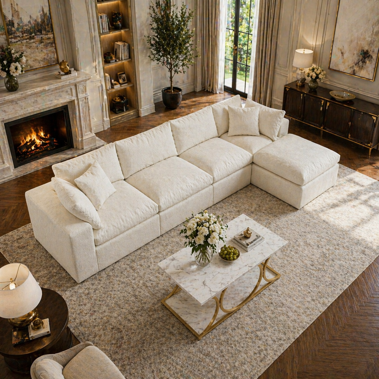 130" L-Shaped Cloud Sectional Sofa with Faux Marble Coffee Table 2-Piece Living Room Bundle White/Gold-1